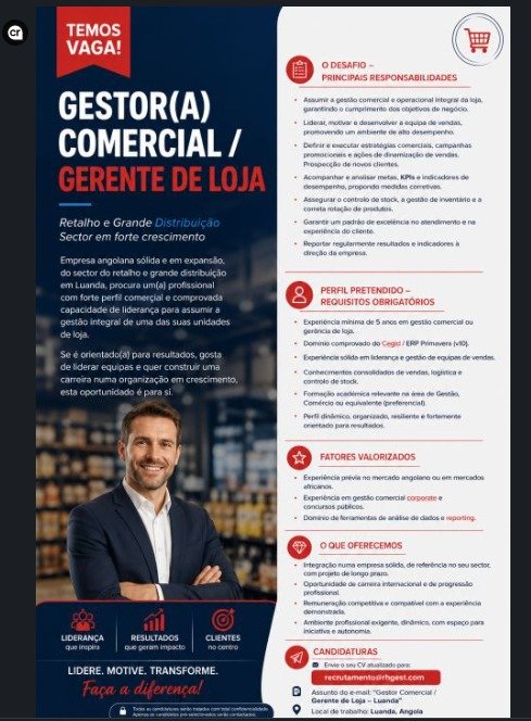 Vaga para gestor de Loja